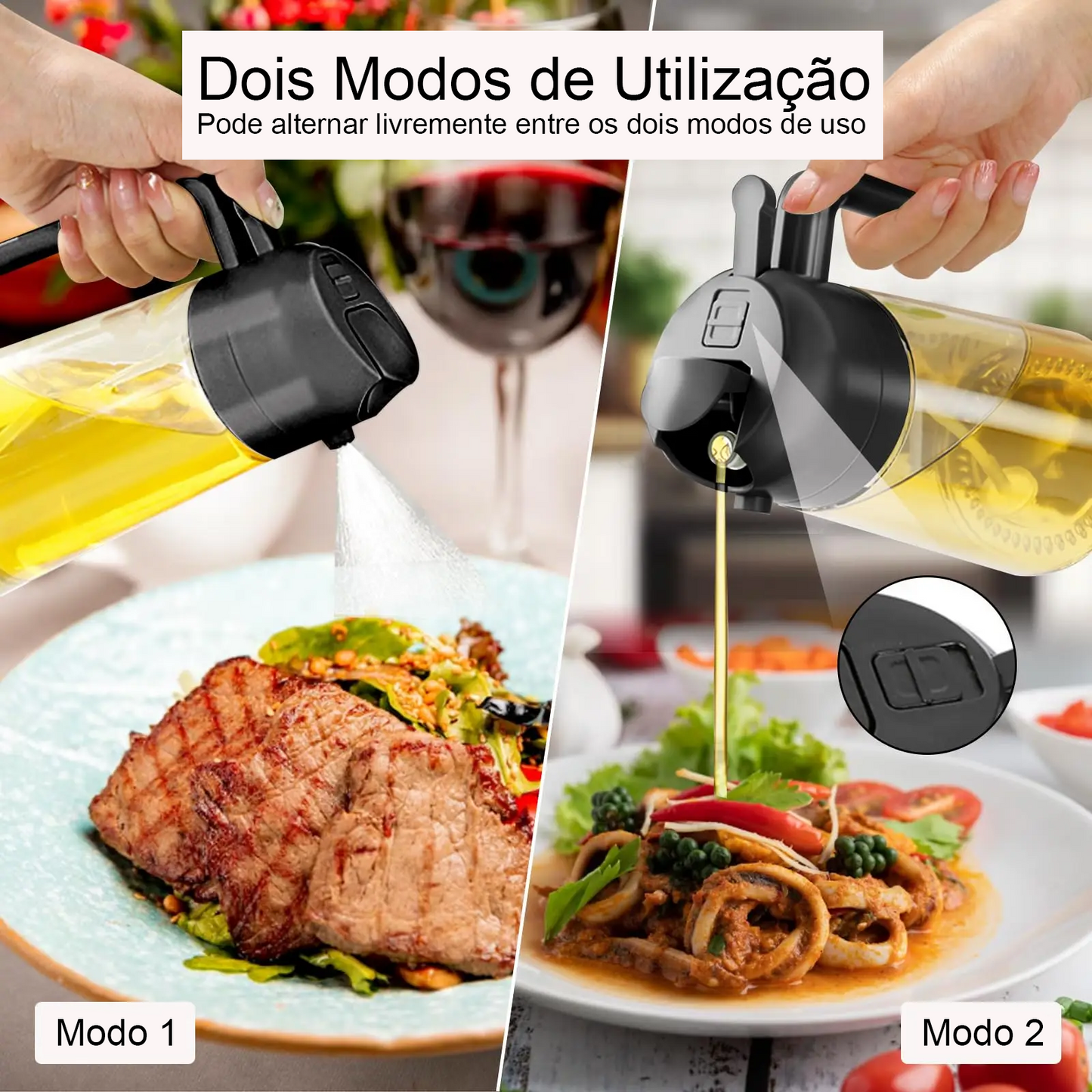 Doseador de Azeite 2 em 1 (500ml) – Pulverizador e Vertedor com Controlo de Dose