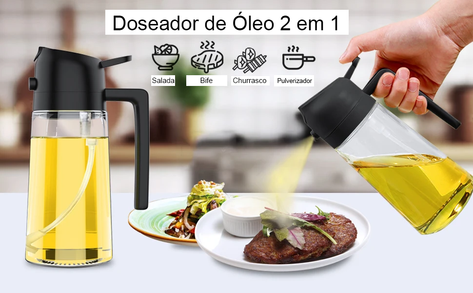 Doseador de Azeite 2 em 1 (500ml) – Pulverizador e Vertedor com Controlo de Dose