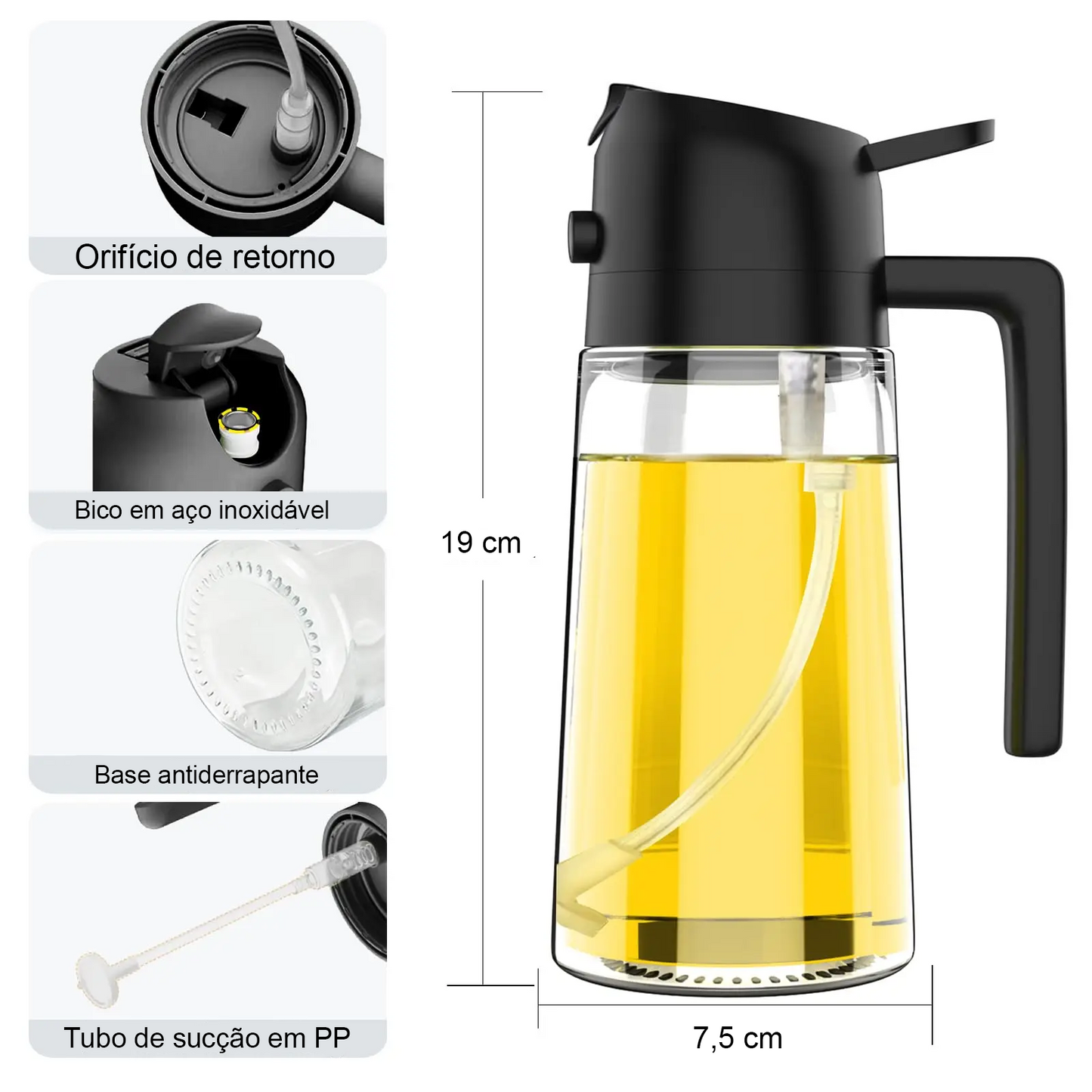 Doseador de Azeite 2 em 1 (500ml) – Pulverizador e Vertedor com Controlo de Dose